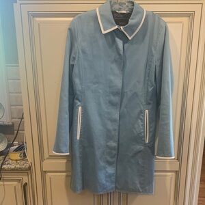 Coach Light Blue Trench Coat with White leather Accents
